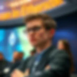 Vitalik Buterin expressing concerns about growing influence of BlackRock on Ethereum's future in a conference setting