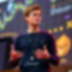 Vitalik Buterin stands at a conference, passionately speaking about his vision for Ethereum's future with a backdrop of digital currency graphics.