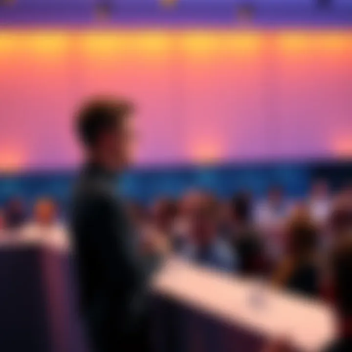 Vitalik Buterin speaks about the benefits of Kaspa's blockchain technology at a conference, with an audience engaged in the background.