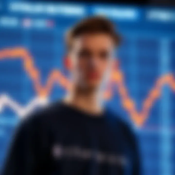 Vitalik Buterin stands in front of a digital display showing Ethereum price, with a graph declining in the background, symbolizing his recent sale of ETH.