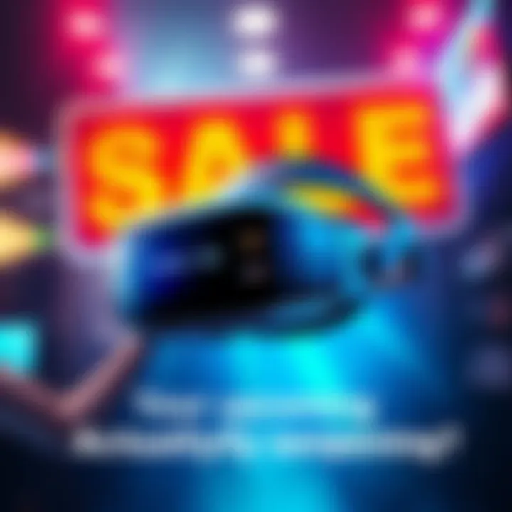 Virtual Reality Sale Announcement A colorful advertisement showcasing a virtual reality headset with sale dates, hinting at upcoming discounts and excitement among shoppers.