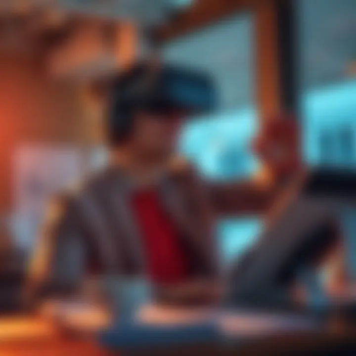Individual engaging in virtual reality sales training with a headset and sales materials around