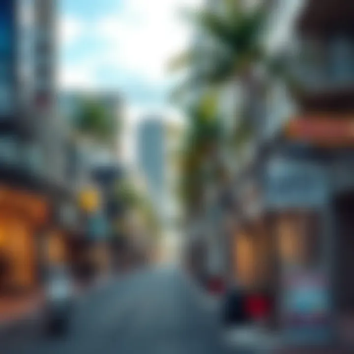 A busy street in Waikiki with real estate signs indicating land for sale, surrounded by shops and palm trees.