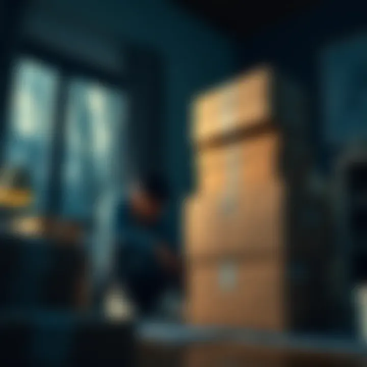 A person sitting beside stacked boxes, looking disappointed after opening parcels without finding a legendary item.