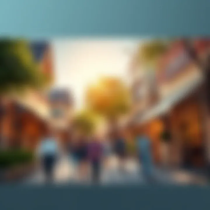 People walking on a sunny street with coffee shops and trees
