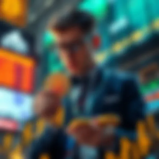 Wall Street Buying Bitcoin A Wall Street broker examining Bitcoin charts while holding Bitcoin coins, symbolizing the acquisition of Bitcoin from original holders.