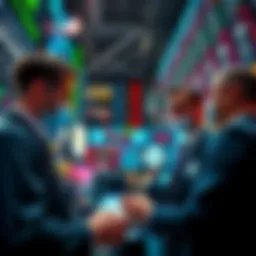 Business professionals discussing cryptocurrency trends in front of stock market screens