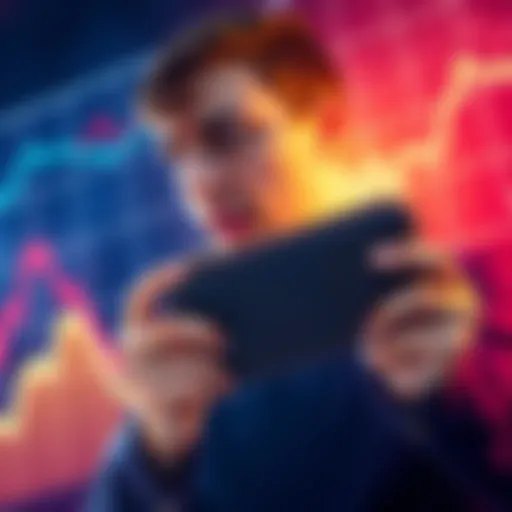 A person looking worried while holding a digital wallet, with a graph showing declining assets in the background.