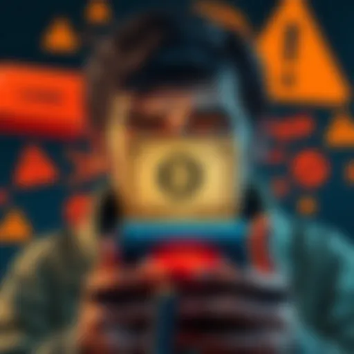 A graphic showing a distressed person looking at their digital wallet with a background of financial loss symbols and warning signs.