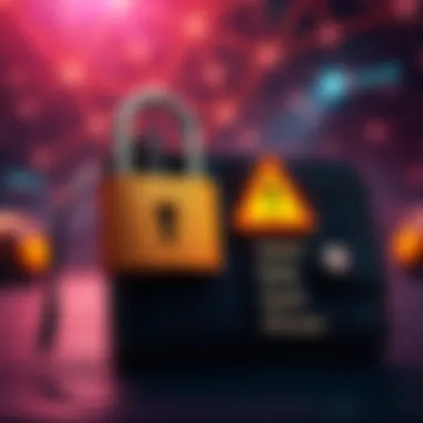 A graphic showing a locked wallet with a warning sign and a seed phrase written next to it, symbolizing the risk of shared seed phrases in cryptocurrency.