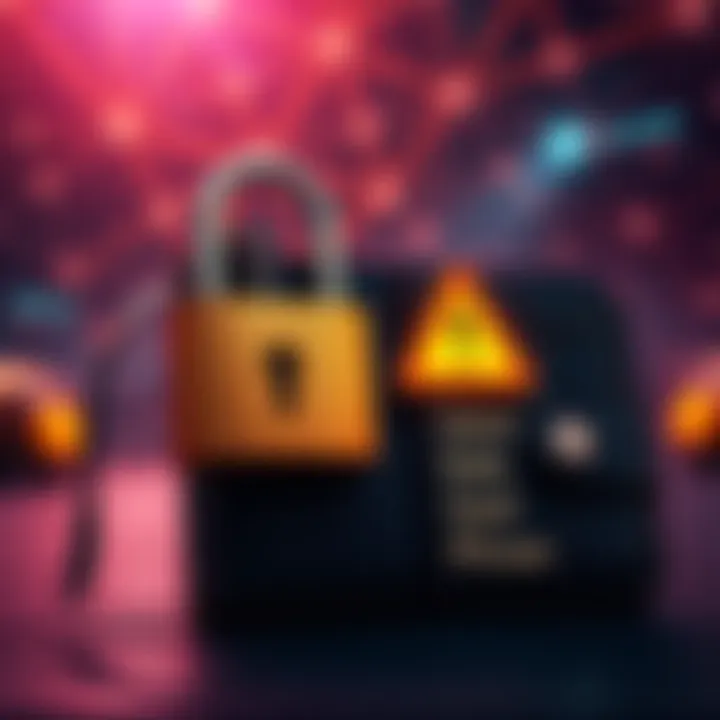 A graphic showing a locked wallet with a warning sign and a seed phrase written next to it, symbolizing the risk of shared seed phrases in cryptocurrency.