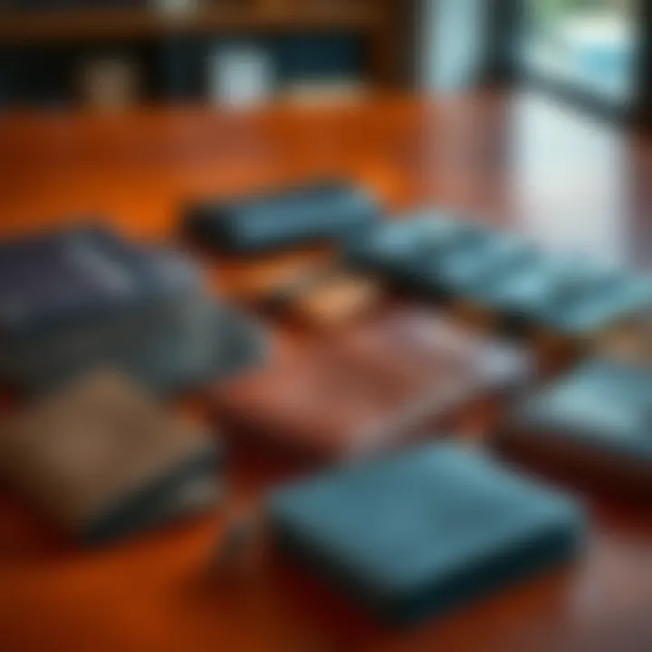 Wallets on a table A variety of wallets arranged on a table, showcasing different styles and materials for selection.
