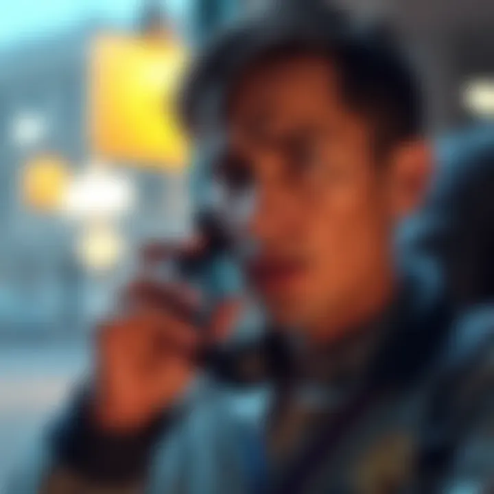 A person receives a phone call from a fake police officer regarding identity theft, looking worried and cautious while holding their phone.