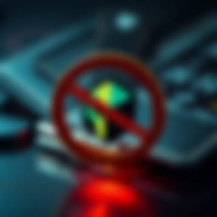 A graphic warning sign with a crossed-out Metamask logo, symbolizing the risks of using Snaps for crypto, with a digital wallet in the background.