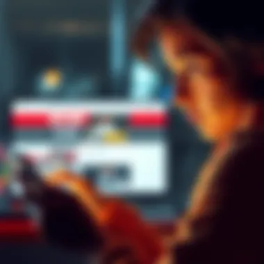 A person looking concerned while using a smartphone, with a suspicious website visible on the screen.