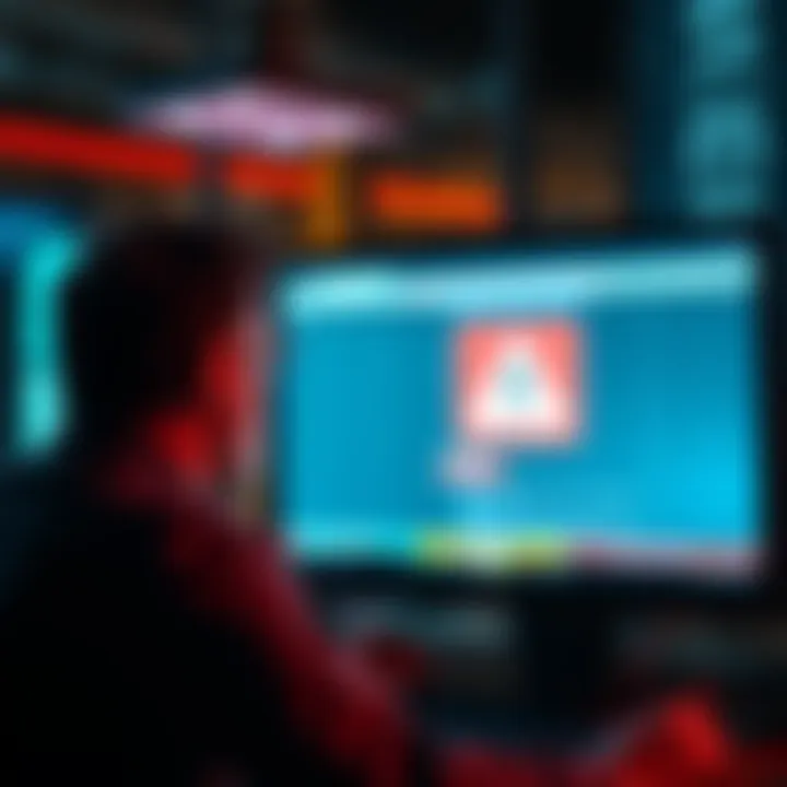 A concerned person looking at a computer screen showing a fake webpage warning sign