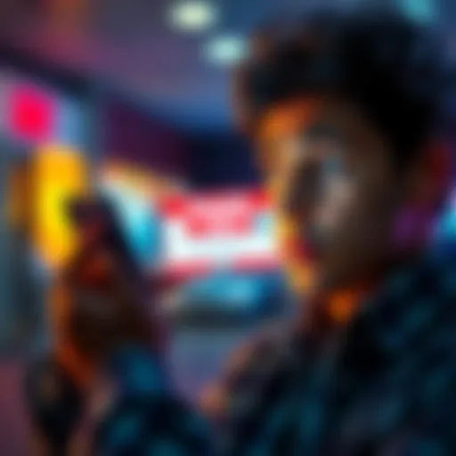 A person looking at their phone with a worried expression while a fake website appears on the screen.