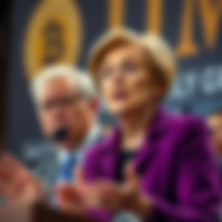 Senator Elizabeth Warren expressing concern about Trump administration's Bitcoin stabilization efforts with Changpeng Zhao in the background