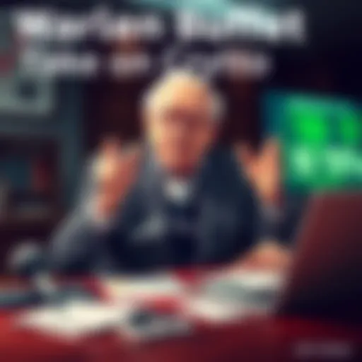 Warren Buffet sitting at a table, expressing his views on cryptocurrency with a serious expression, papers and a laptop in front of him