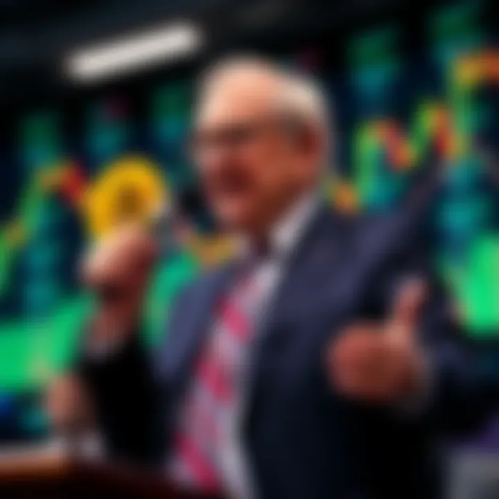 Warren Buffett confidently speaking about his views on Bitcoin at a press conference, with a backdrop of financial charts, showing his firm stance against cryptocurrency investments.