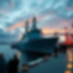 A warship is docked at the port with people looking on, highlighting confusion over the event timing.