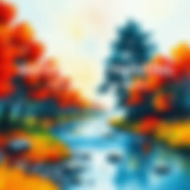 A vibrant watercolor painting featuring a serene landscape with trees and a river, inviting community reactions.