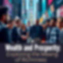 A diverse group of people discussing wealth and financial success in a lively urban setting, showcasing different perspectives on richness.