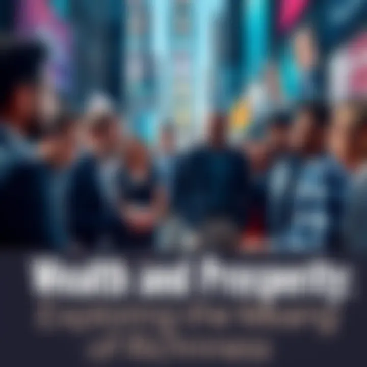A diverse group of people discussing wealth and financial success in a lively urban setting, showcasing different perspectives on richness.