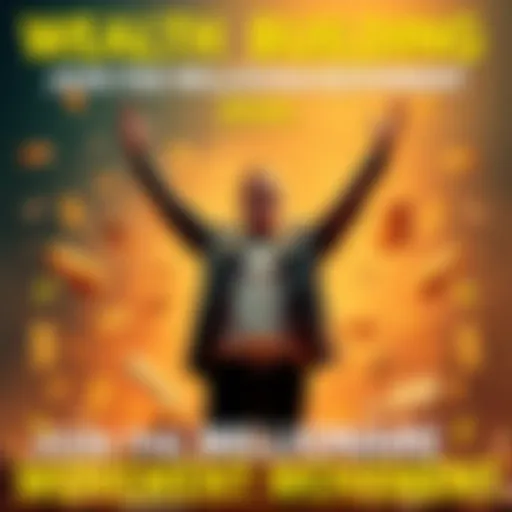 Wealth Building Opportunity A person standing confidently with arms raised, surrounded by dollar signs and symbols of financial success, celebrating a wealth-building movement.