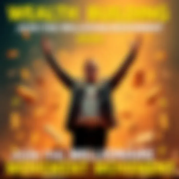 A person standing confidently with arms raised, surrounded by dollar signs and symbols of financial success, celebrating a wealth-building movement.