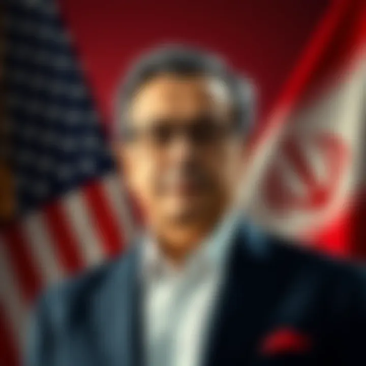 Devasini, a billionaire, stands in front of a backdrop of the U.S. and Iranian flags, symbolizing his influence over Trump's policies in Iran.