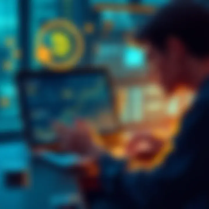 A person analyzing financial data on a laptop with graphs showing growth in investments, surrounded by USDT and BTC symbols.