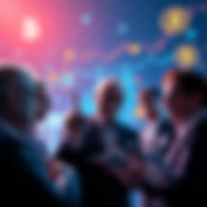 A group of wealthy investors discussing cryptocurrency with digital icons representing blockchain and coins in the background.