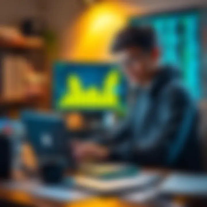 Web3 and Blockchain Development Guide A college student studying blockchain and Web3 development with a laptop and notes, surrounded by tech books and a digital graph on screen.