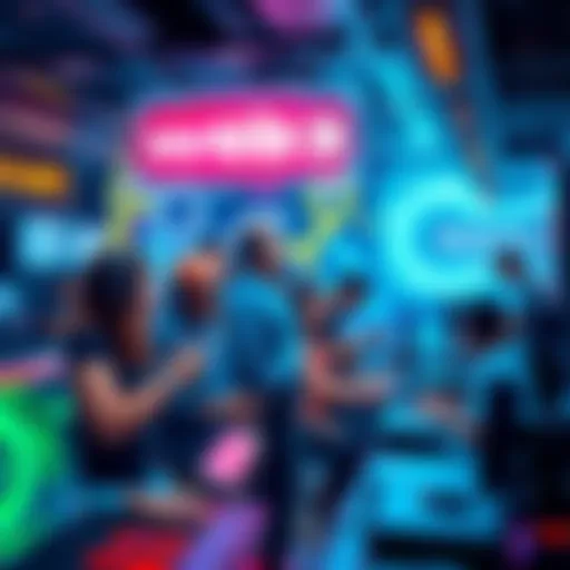 A digital representation of Web3 gaming, showing a virtual gaming environment with diverse characters engaging in transactions on a Layer 2 platform.