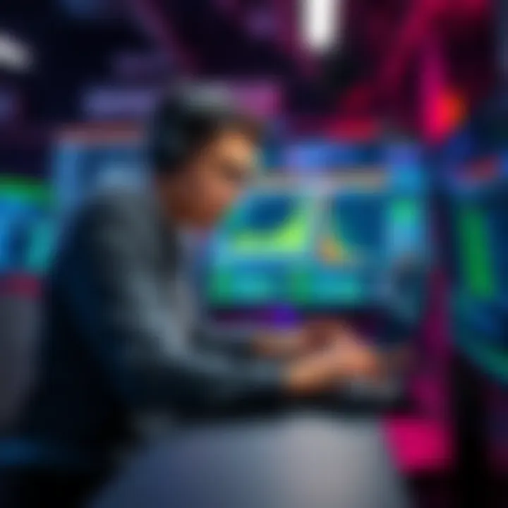 A web3 developer focused on coding, surrounded by digital screens showing blockchain data and smart contracts.