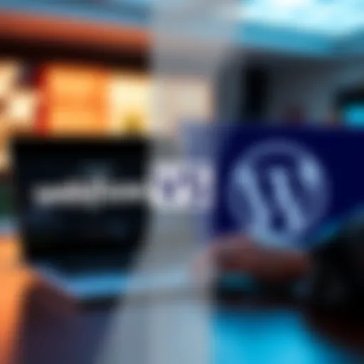 A split-screen showing the Webflow and WordPress logos with a person evaluating both options on a laptop.