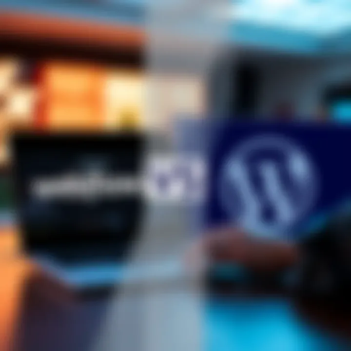 A split-screen showing the Webflow and WordPress logos with a person evaluating both options on a laptop.