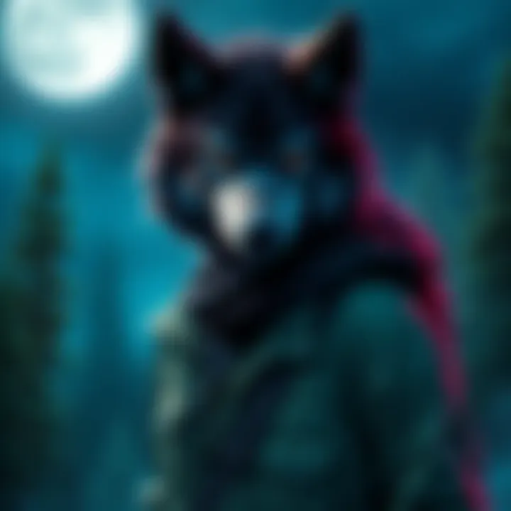 A depiction of Werewolfjak, a fusion of traditional werewolf features and modern attire, standing under a full moon with a forest backdrop.