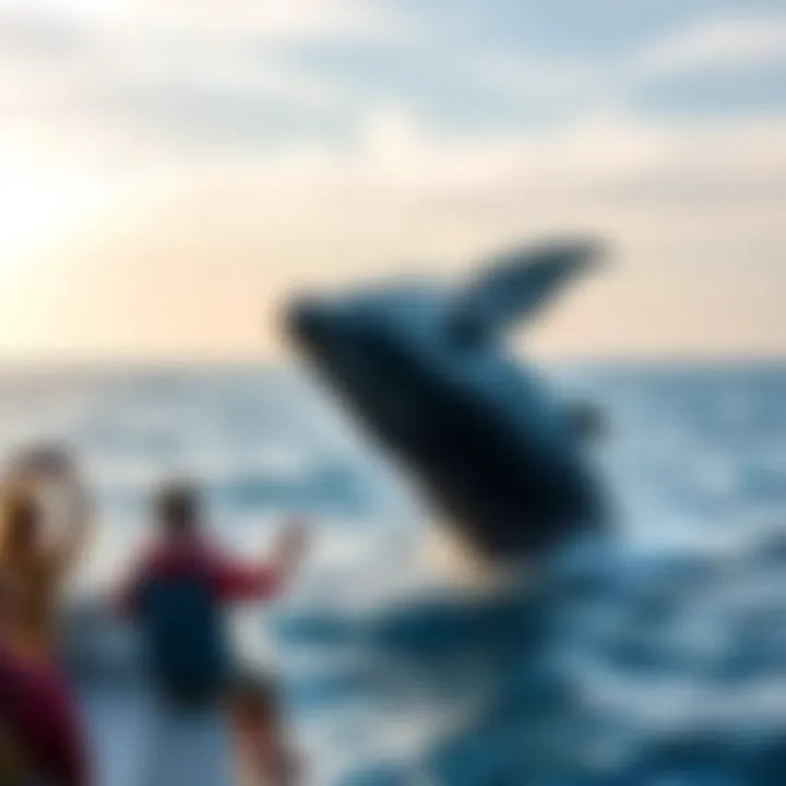 Whale watching near shore A group of people on a boat watching a whale breach the ocean surface