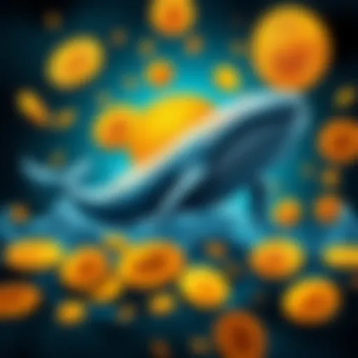 A whale symbolizing major players in the Bitcoin market, surrounded by Bitcoin symbols, illustrating market control and investment strategies.