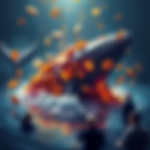 A digital representation of a whale symbolically dumping large amounts of cryptocurrency into the market, causing ripples in the water around it, with people looking on in shock.