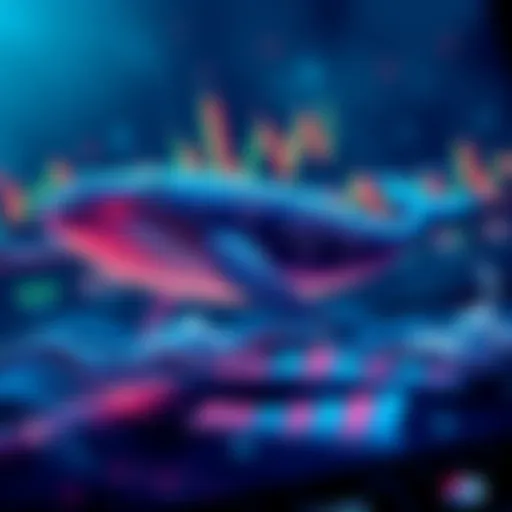 A whale symbol representing significant token holdings in the cryptocurrency market, with fluctuating charts in the background.