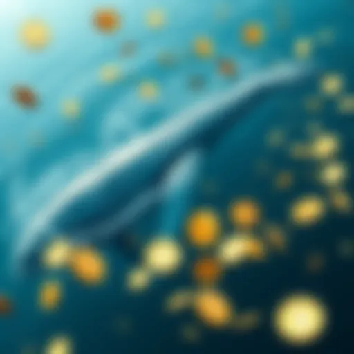 A visual of a whale in the ocean surrounded by floating digital tokens, representing crypto donations and trading decisions.