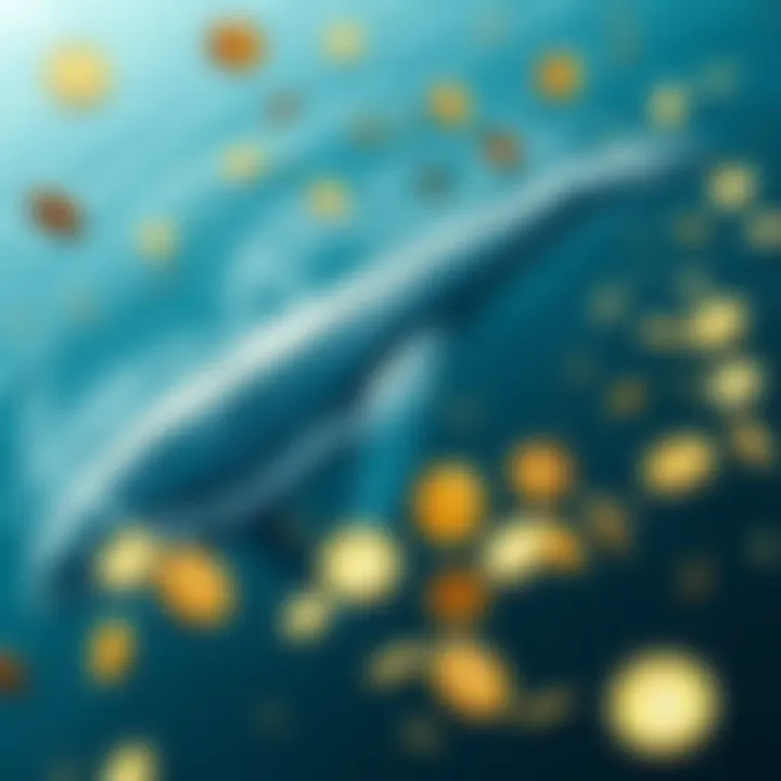 A visual of a whale in the ocean surrounded by floating digital tokens, representing crypto donations and trading decisions.