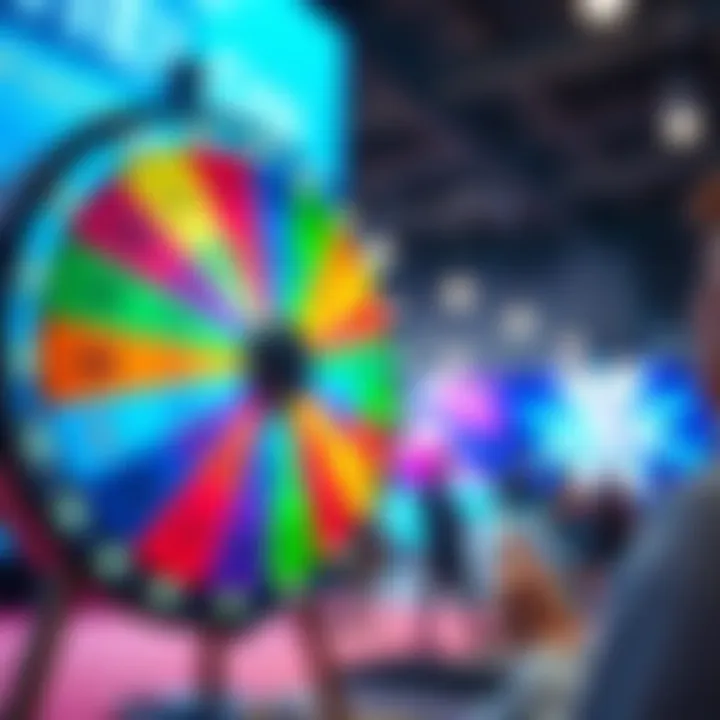 A colorful spinning wheel with bid tokens displayed; a person watching an ad on a smartphone in the background.