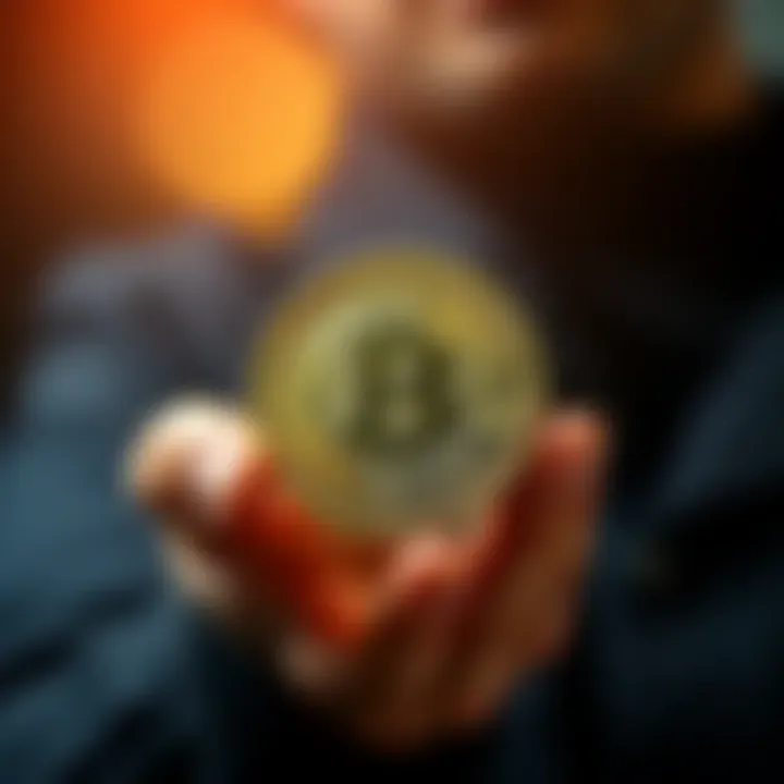 Individual proudly displaying a full cryptocurrency coin