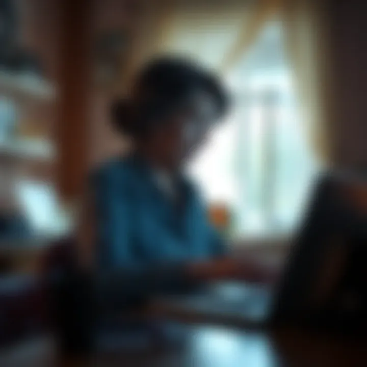 A widow sits at a desk with an old laptop open, looking concerned while searching for her late husband's bitcoin investments.