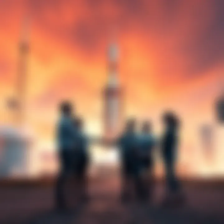 WISeSat representatives shake hands with Skyroot Aerospace team in front of a rocket launch site, symbolizing their partnership in satellite deployment.