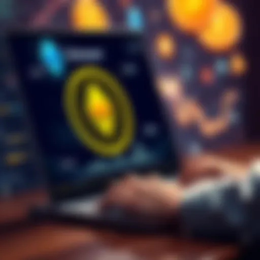 A person using a laptop to withdraw staked Ethereum from a digital wallet interface, with graphics of Ethereum coins in the background.
